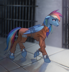 Size: 2508x2634 | Tagged: safe, artist:peachmichea, rainbow dash, pegasus, pony, g4, bound wings, chained, clothes, commissioner:rainbowdash69, concave belly, cuffs, folded wings, high res, jail, never doubt rainbowdash69's involvement, prison, prison outfit, prisoner, prisoner rd, sad, shackles, slender, solo, thin, wings