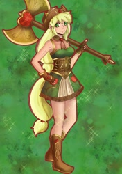 Size: 1401x1986 | Tagged: safe, artist:sydbees, applejack, human, g4, abstract background, axe, female, humanized, magical girl, solo, tail, tailed humanization, weapon