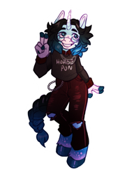 Size: 570x781 | Tagged: safe, artist:dieingartist, oc, oc only, unicorn, anthro, unguligrade anthro, big hair, braid, braided tail, clothes, curved horn, eyebrows, glasses, grin, horn, jeans, long sleeved shirt, long sleeves, male, pants, peace sign, ripped jeans, ripped pants, shirt, simple background, smiling, solo, stallion, tail, torn clothes, unicorn oc, white background