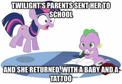 Size: 716x499 | Tagged: safe, artist:queencold, edit, spike, twilight sparkle, dragon, pony, unicorn, g4, baby, baby dragon, baby spike, bibliovore, book, caption, context is for the weak, duo, eating, female, filly, filly twilight sparkle, foal, impact font, jumping, meme, paper, pica, shocked, simple background, text, the horror, unfortunate implications, unicorn twilight, white background, younger