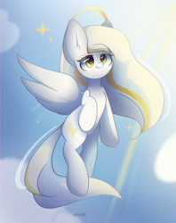 Size: 1900x2400 | Tagged: safe, artist:miryelis, oc, oc:gold.de, pegasus, pony, angelic, cloud, cute, flying, full body, halo, long hair, sky, solo, sparkles