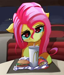 Size: 2480x2912 | Tagged: safe, artist:solid shrimp, fluttershy, pegasus, pony, g4, burger, drink, drinking, drinking straw, female, food, french fries, from under brows, head tilt, high res, indoors, looking at you, looking up, looking up at you, mare, mcdonald's, solo, straw, stray strand