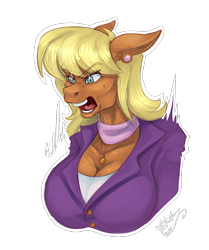 Size: 1308x1562 | Tagged: safe, artist:skuttz, ms. harshwhinny, earth pony, anthro, g4, angry, big breasts, blonde, blonde hair, blouse, breasts, busty ms. harshwhinny, cleavage, clothes, ear piercing, female, floppy ears, jacket, open mouth, piercing, scarf, simple background, solo, teeth, transparent background, yelling