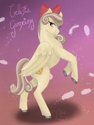 Size: 3000x4000 | Tagged: safe, artist:loopina, oc, oc only, oc:dandelion "buttercup", pegasus, pony, bow, butt, elegant, feather, female, flower, flower in hair, full body, giveaway, glass eye, gradient background, hair bow, heterochromia, mare, plot, raffle, rearing, shadow, simple background, solo