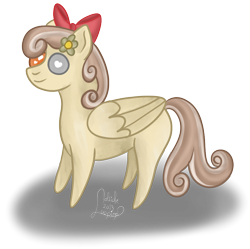 Size: 918x916 | Tagged: safe, artist:loopina, oc, oc only, oc:dandelion "buttercup", pegasus, pony, bow, chibi, female, figurine, flower, flower in hair, giveaway, glass eye, hair bow, heart, heart eyes, heterochromia, mare, pointy legs, raffle, simple background, smiling, solo, transparent background, wingding eyes
