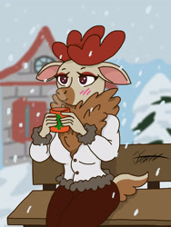 Size: 2304x3072 | Tagged: safe, artist:ma5teroftheuniv3rse, comet (tfh), deer, reindeer, anthro, them's fightin' herds, background character, bench, blushing, clothes, coat, community related, floppy ears, high res, mug, snow, snowfall