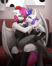 Size: 1000x1250 | Tagged: safe, artist:villjulie, oc, oc only, oc:annie berryheart, oc:ellie berryheart, alicorn, pegasus, unicorn, anthro, armpits, bowtie, breasts, bunny suit, cleavage, clothes, cuffs (clothes), duo, female, flower, flower in hair, gloves, hand on leg, horn, kneesocks, lidded eyes, looking at each other, looking at someone, playboy bunny, short hair, sitting on lap, socks, stockings, thigh highs, wings