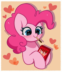 Size: 2611x3044 | Tagged: safe, artist:kittyrosie, pinkie pie, earth pony, pony, cute, diapinkes, female, floating heart, food, heart, mare, open mouth, pocky, simple background, solo, yellow background