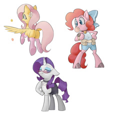 Size: 857x933 | Tagged: safe, artist:yunlongchen, fluttershy, pinkie pie, rarity, earth pony, pegasus, pony, unicorn, semi-anthro, g4, arm hooves, bell, bell collar, belt, bipedal, blouse, bow, bubble, bubblegum, butt, clothes, collar, dock, eyeshadow, female, floppy ears, flower, flower in hair, flutterbutt, food, glasses, gum, hair bow, horn, lidded eyes, makeup, mare, open mouth, plot, pouch, simple background, skirt, socks, spread wings, tail, trio, watch, white background, wings, wristwatch