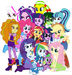 Size: 1043x1092 | Tagged: safe, artist:ajosterio, adagio dazzle, applejack, aria blaze, fluttershy, pinkie pie, rainbow dash, rarity, sci-twi, sonata dusk, spike, sunset shimmer, twilight sparkle, dog, human, equestria girls, g4, humane five, humane seven, humane six, simple background, spike the dog, the dazzlings, transparent background