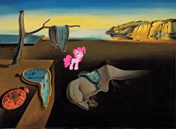 Size: 1600x1177 | Tagged: safe, edit, pinkie pie, earth pony, pony, g4, clock, female, fine art parody, lake, looking away, melting, meme, paint tool sai, painting, salvador dalí, solo, surreal, tail, the persistence of memory, water, weird