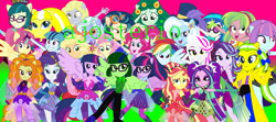 Size: 1280x568 | Tagged: safe, artist:ajosterio, adagio dazzle, applejack, aria blaze, derpy hooves, dj pon-3, fluttershy, indigo zap, juniper montage, lemon zest, pinkie pie, rainbow dash, rarity, sci-twi, sonata dusk, sour sweet, starlight glimmer, sugarcoat, sunny flare, sunset shimmer, trixie, twilight sparkle, vinyl scratch, wallflower blush, oc, human, equestria girls, g4, armpits, arms in the air, hands in the air, humane five, humane seven, humane six, the dazzlings