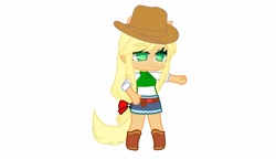 Size: 1953x1125 | Tagged: source needed, safe, applejack, human, g4, bow, female, freckles, gacha, gacha club, gacha life, hair bow, hand on hip, hat, humanized, raised arm, simple background, smiling, solo, standing, white background