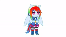 Size: 1973x1125 | Tagged: source needed, safe, rainbow dash, human, g4, bracelet, crossed arms, female, gacha, gacha club, gacha life, humanized, jewelry, simple background, smiling, solo, standing, white background, wings, wristband