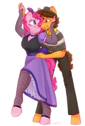 Size: 733x1079 | Tagged: safe, artist:melodylibris, cheese sandwich, pinkie pie, earth pony, anthro, unguligrade anthro, g4, clothes, dancing, dress, female, hat, looking at each other, looking at someone, male, mare, one eye closed, poncho, saloon dress, saloon pinkie, ship:cheesepie, shipping, simple background, smiling, smiling at each other, stallion, straight, white background