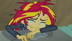 Size: 3072x1727 | Tagged: safe, screencap, sunset shimmer, human, equestria girls, g4, my little pony equestria girls, clothes, crying, cute, eyes closed, female, frown, jacket, leather, leather jacket, sad, sadorable, shimmerbetes, solo