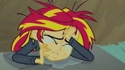 Size: 3072x1727 | Tagged: safe, screencap, sunset shimmer, human, equestria girls, g4, my little pony equestria girls, clothes, crying, eyes closed, female, jacket, leather, leather jacket, lip bite, solo