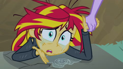 Size: 3072x1727 | Tagged: safe, screencap, sunset shimmer, twilight sparkle, human, equestria girls, g4, my little pony equestria girls, clothes, crying, female, holding hands, jacket, leather, leather jacket, offscreen character, open mouth, solo focus