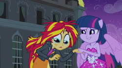 Size: 3072x1727 | Tagged: safe, screencap, sunset shimmer, twilight sparkle, human, equestria girls, g4, my little pony equestria girls, bare shoulders, canterlot high, clothes, crying, duo, duo female, fall formal outfits, female, jacket, leather, leather jacket, lip bite, night, open mouth, sleeveless, smiling, spread wings, strapless, twilight ball dress, wings