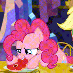 Size: 320x320 | Tagged: source needed, safe, edit, edited screencap, screencap, applejack, pinkie pie, earth pony, pony, castle sweet castle, g4, :t, animated, eating, female, food, gif, hoof hold, mare, meat, meme, nom, ponies eating meat, raw, show accurate, smiling, solo focus, wat