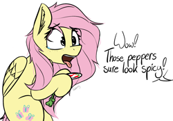Size: 1377x958 | Tagged: safe, alternate version, artist:pinkberry, fluttershy, pegasus, pony, g4, alternate hairstyle, carrot, colored sketch, dialogue, doodle, female, food, mare, offscreen character, open mouth, peppers, simple background, sketch, solo, spicy, teary eyes, text, tongue out, white background
