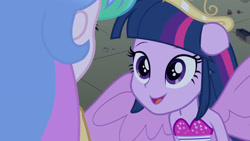 Size: 3072x1727 | Tagged: safe, screencap, princess celestia, principal celestia, twilight sparkle, human, equestria girls, g4, my little pony equestria girls, bare shoulders, big crown thingy, duo, duo female, element of magic, fall formal outfits, female, jewelry, open mouth, open smile, ponied up, regalia, sleeveless, smiling, spread wings, strapless, twilight ball dress, wings