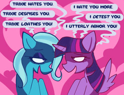 Size: 1115x858 | Tagged: safe, artist:drzootsuit, trixie, twilight sparkle, alicorn, pony, unicorn, g4, duo, female, lesbian, lidded eyes, love hate, mare, ship:twixie, shipping, text, twilight sparkle (alicorn)