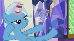 Size: 650x365 | Tagged: safe, edit, edited screencap, screencap, trixie, pony, unicorn, all bottled up, g4, season 7, apple, apple core, belly, chair, crystal, female, food, glowing, glowing horn, hoof on cheek, horn, levitation, magic, mare, raised hoof, random, relaxed, silly, sitting, smiling, solo, telekinesis, throne, throne room, twilight's castle