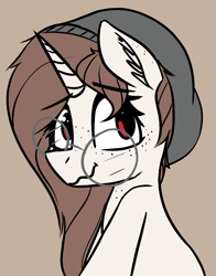 Size: 574x732 | Tagged: safe, artist:pinkberry, oc, oc only, oc:mocha bean macchiato, pony, unicorn, brown background, bust, doodle, female, freckles, glasses, horn, mare, portrait, simple background, solo, unicorn oc