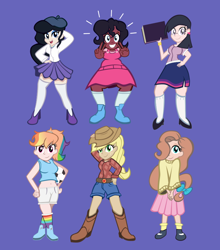 Size: 800x908 | Tagged: safe, artist:magerblutooth, applejack, fluttershy, pinkie pie, rainbow dash, rarity, twilight sparkle, human, g4, bow, clothes, commission, dark skin, hair over one eye, hat, human coloration, humanized, mane six, natural hair color, peace sign, ponytail, skirt