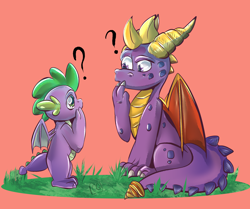 Size: 1774x1484 | Tagged: safe, artist:cosmiclitgalaxy, spike, dragon, g4, crossover, duo, international dragon day, looking at each other, looking at someone, male, question mark, red background, simple background, spyro the dragon, spyro the dragon (series)