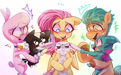 Size: 1920x1200 | Tagged: safe, artist:jully-park, angel bunny, fluttershy, hitch trailblazer, pom (tfh), sparky sparkeroni, dog, dragon, earth pony, pegasus, pony, rabbit, sheep, them's fightin' herds, g5, angel bunny is not amused, animal, bell, bell collar, blushing, cloven hooves, collar, community related, cross-popping veins, crossed arms, crossover, digital art, ear pull, emanata, female, hoof hold, male, mare, open mouth, simple background, stallion, tail, tail wag, unamused, urge to kill rising