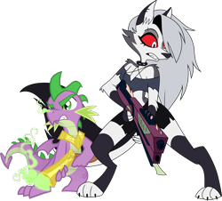 Size: 6646x6000 | Tagged: safe, artist:equestria-prevails, artist:frownfactory, artist:php170, edit, editor:ponygamer2020, spike, demon, dragon, hellhound, anthro, digitigrade anthro, g4, absurd resolution, angry, badass, collar, duo, female, fire, furry, gun, hellaverse, hellborn, helluva boss, loona (helluva boss), male, pentagram, rifle, show accurate, simple background, tail, transparent background, truth seekers, vector, weapon, winged spike, wings
