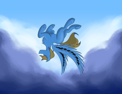 Size: 1280x989 | Tagged: safe, artist:mr_nate89, oc, oc only, oc:nate, pegasus, pony, blue coat, blue wings, brown mane, cloud, cloudy, flying, no face, pegasus oc, sky, solo, spread wings, upside down, wings