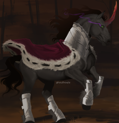 Size: 2938x3049 | Tagged: safe, artist:ghoulhowls, king sombra, pony, unicorn, g4, brown background, cape, clothes, colored horn, curved horn, high res, hoers, horn, male, rearing, simple background, solo, sombra eyes, sombra horn, stallion