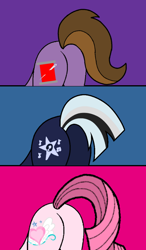 Size: 600x1024 | Tagged: safe, artist:muhammad yunus, artist:stellar-ponies, oc, oc only, oc:annisa trihapsari, oc:ghostpony, oc:princess kincade, alicorn, earth pony, pony, annibutt, blue background, butt, butt only, female, ghostbutt, group, kincadebutt, magenta background, male, mare, pictures of butts, plot, purple background, simple background, stallion, trio