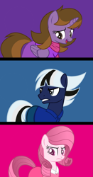 Size: 1577x3005 | Tagged: safe, artist:muhammad yunus, oc, oc only, oc:annisa trihapsari, oc:ghostpony, oc:princess kincade, alicorn, earth pony, pony, series:the legend of tenderheart, angry, blue background, clothes, female, gritted teeth, group, looking at you, magenta background, male, mare, open mouth, open smile, purple background, simple background, smiling, smiling at you, stallion, teeth, trio, unamused
