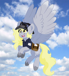 Size: 5500x6000 | Tagged: safe, artist:scarletskitty12, derpy hooves, pegasus, pony, g4, bag, colored hooves, cute, derpabetes, eye clipping through hair, eyebrows, eyebrows visible through hair, female, flying, goggles, happy, hat, mailbag, mailmare, mailmare uniform, mare, sky, solo, spread wings, unshorn fetlocks, wings