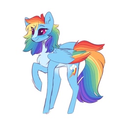 Size: 2000x2000 | Tagged: safe, artist:scarletskitty12, rainbow dash, pegasus, pony, g4, backwards cutie mark, blaze (coat marking), chest fluff, coat markings, colored wings, facial markings, female, high res, mare, multicolored wings, pale belly, rainbow wings, raised hoof, simple background, solo, white background, wings