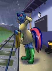 Size: 931x1280 | Tagged: safe, artist:ketzel99, oc, oc only, oc:ryo, anthro, boots, clothes, denim, implied ironfire, jeans, pants, puddle, rain, raincoat, shirt, shoes