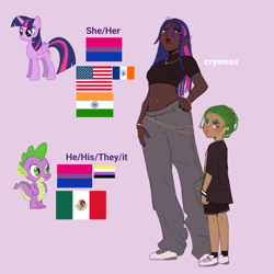 Size: 1200x1200 | Tagged: safe, artist:cryweas, spike, twilight sparkle, alicorn, human, g4, belly button, belly piercing, bisexual pride flag, cargo pants, clothes, dark skin, flag, hair over one eye, headcanon, humanized, looking at you, looking back, looking back at you, midriff, nonbinary pride flag, pants, piercing, pride, pride flag, pronouns, purple background, shoes, signature, simple background, slender, sneakers, thin, twilight sparkle (alicorn), young