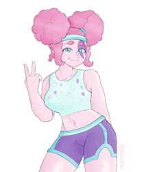 Size: 1700x2000 | Tagged: artist needed, source needed, safe, pinkie pie, human, equestria girls, g4, clothes, costume, female, gesture, halloween, halloween costume, midriff, pinkie puffs, shirt, shorts, simple background, sleeveless, sleeveless shirt, solo, tank top, white background