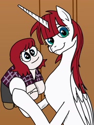 Size: 1200x1607 | Tagged: safe, artist:pony quarantine, oc, oc only, oc:fausticorn, alicorn, human, pony, concave belly, female, hoof hold, lauren faust, looking at you, mare, plushie, ponified, slender, smiling, smiling at you, solo, thin