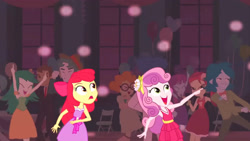 Size: 3072x1727 | Tagged: safe, screencap, apple bloom, curly winds, roseluck, scribble dee, some blue guy, sweet leaf, sweetie belle, teddy t. touchdown, human, equestria girls, g4, my little pony equestria girls, apple bloom's bow, bare shoulders, bow, canterlot high, eyes closed, fall formal outfits, female, hair bow, male, night, open mouth, open smile, sleeveless, smiling