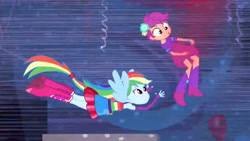 Size: 3072x1727 | Tagged: safe, screencap, rainbow dash, scootaloo, human, equestria girls, g4, my little pony equestria girls, :o, boots, canterlot high, clothes, duo, duo female, fall formal outfits, female, fingerless gloves, flying, gloves, open mouth, ponied up, shoes, sleeveless, solo focus, spread wings, wings