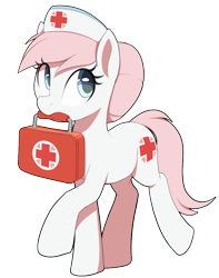 Size: 750x950 | Tagged: safe, artist:thebatfang, nurse redheart, earth pony, pony, g4, case, cute, female, first aid kit, hat, heartabetes, looking up, mare, mouth hold, nurse hat, simple background, solo, standing on two hooves, transparent background, walking
