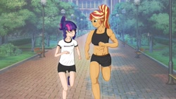 Size: 2560x1440 | Tagged: safe, artist:applelord, sci-twi, sunset shimmer, twilight sparkle, human, equestria girls, g4, duo, duo female, female, height difference, jogging, muscles, muscular female, park, skinny, sports outfit, sunset lifter, thin