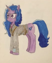 Size: 1966x2364 | Tagged: safe, artist:martialarts2003, izzy moonbow, pony, unicorn, the sunjackers, g4, g5, my little pony: a new generation, belt, clothes, cyberpunk, eyebrows, female, frown, g5 to g4, generation leap, high res, jacket, mare, solo, straps, traditional art