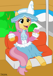 Size: 1660x2380 | Tagged: safe, artist:terminalhash, swan song, earth pony, pony, g4, alcohol, clothes, commission, female, ferris wheel, forest, glass, hat, mare, sitting, skirt, smiling, solo, vector, wine, wine glass