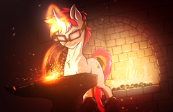 Size: 3326x2160 | Tagged: safe, artist:draft the filmmaker, oc, oc only, oc:ironfire, pony, unicorn, anvil, blacksmith, fire, forge, goggles, hammer, high res, horn, horn ring, magic, ring, smithing, solo, sparks, unicorn oc, working